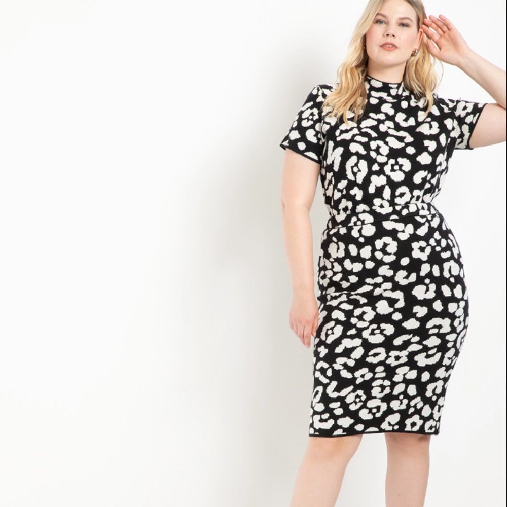 Eloquii Black and White Leopard Print Short Sleeve Top and Skirt Set